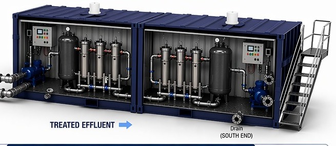 Dockside containerized wastewater treatment plant — 20-foot dual-train system with bag strainers, pressurized carbon filters, and treated effluent discharge